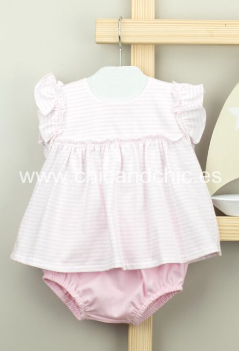 Conjunto ranita+camisa algodón rayas rosa.