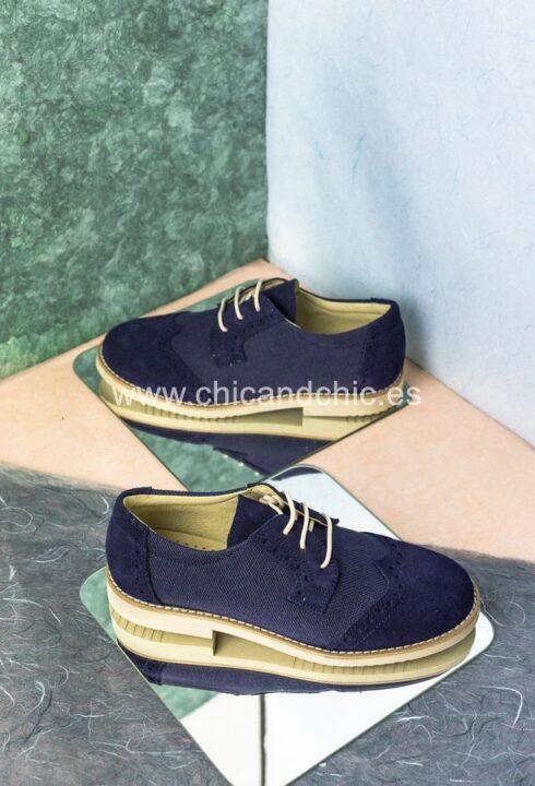 Zapato piel niño ante/lino. Azul marino