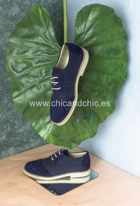 Zapato piel niño ante/lino. Azul marino