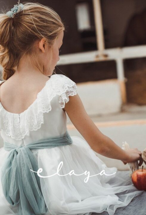 Vestido tul bordado MINI CINTIA (2-14 Años). Blanco roto-verde agua