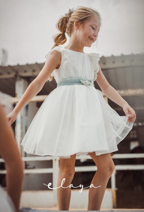 Vestido tul bordado MINI CINTIA (2-14 Años). Blanco roto-verde agua