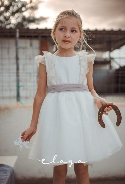 Vestido tul bordado MINI SOFIA (2-14 Años). Blanco roto-lila. Plazo de entrega 45 días.