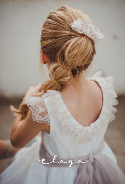 Vestido tul bordado MINI SOFIA (2-14 Años). Blanco roto-lila. Plazo de entrega 45 días.