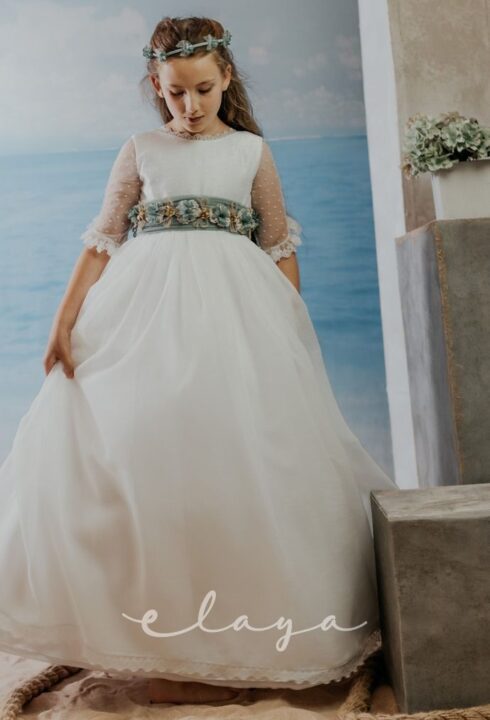 Vestido de comunión organza MANUELA. Blanco roto-verde agua.
