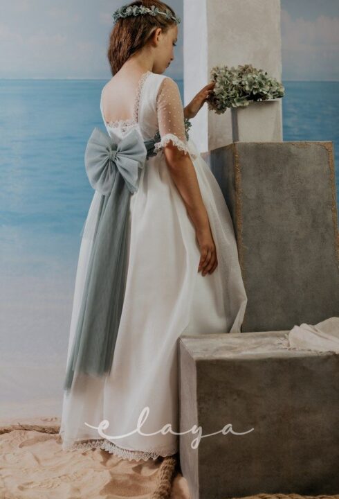 Vestido de comunión organza MANUELA. Blanco roto-verde agua.
