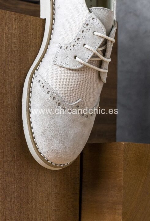 Zapato piel niño ante/lino. Beige