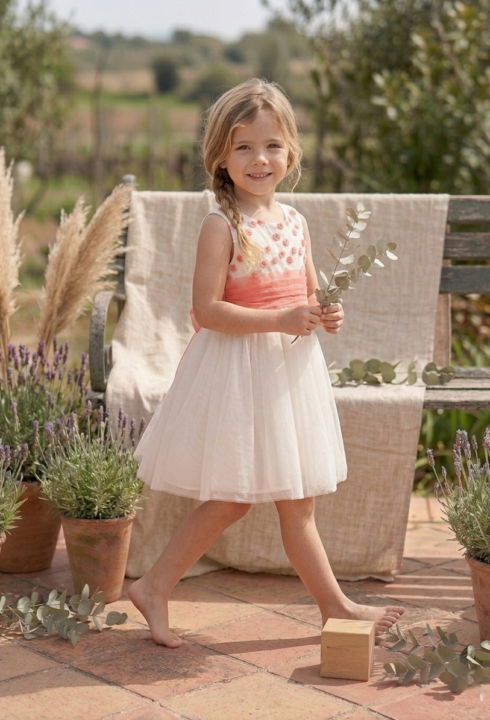 Vestido tul bordado Andrea (1-14 Años). Coral-Beige