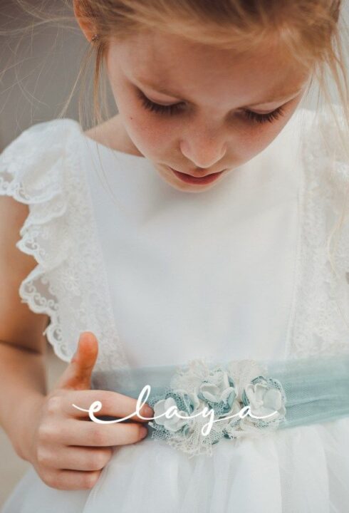 Adorno cinturón Flores 2022-14. Verde agua-blanco roto.